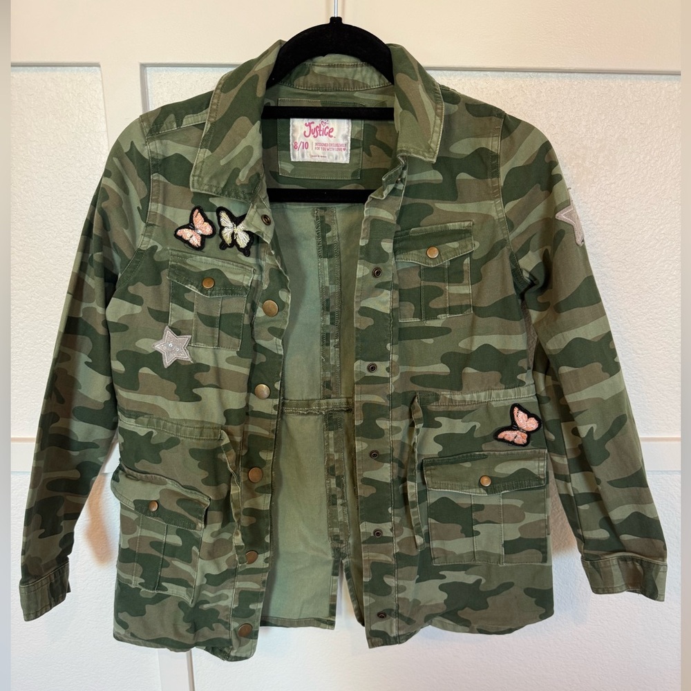 Justice Green Camouflage Jacket with Butterfly Patches